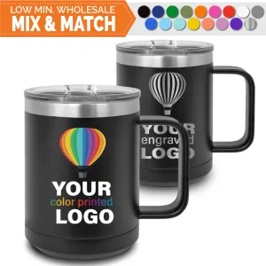 15 oz Handled Insulated Mug -Mix & Match- Bulk Wholesale Personalized Engraved or Full Color Print Logo