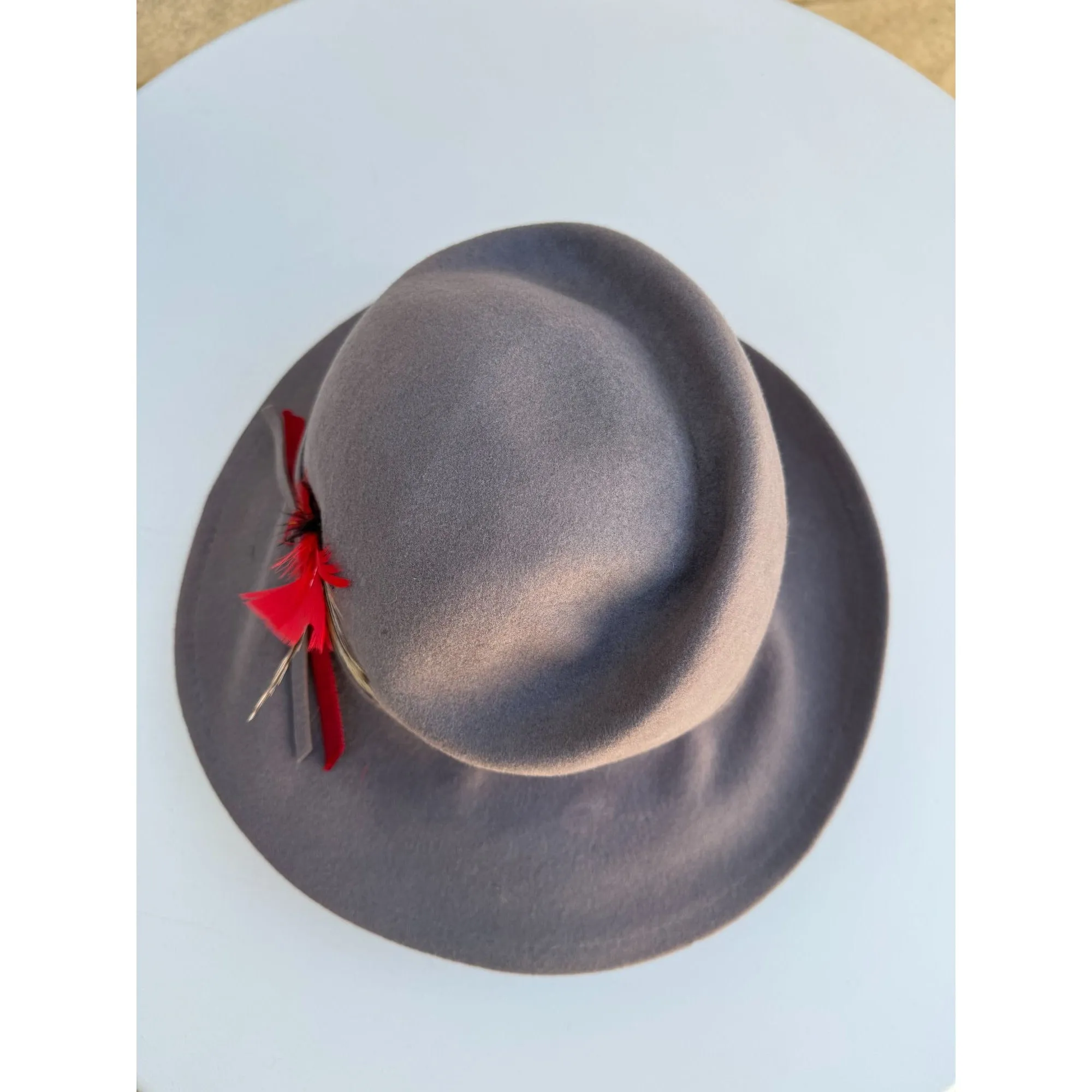 Betmar Vintage Gray Wool Red Feather Ribbon Fedora Wide Brim Ladies Hat