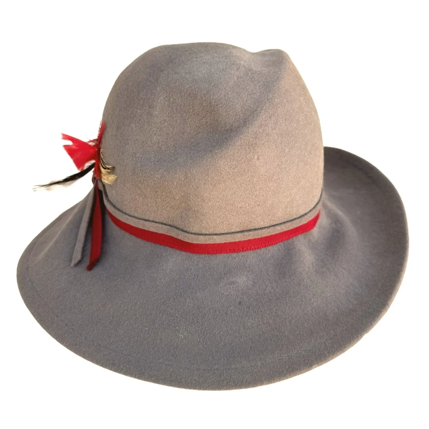 Betmar Vintage Gray Wool Red Feather Ribbon Fedora Wide Brim Ladies Hat