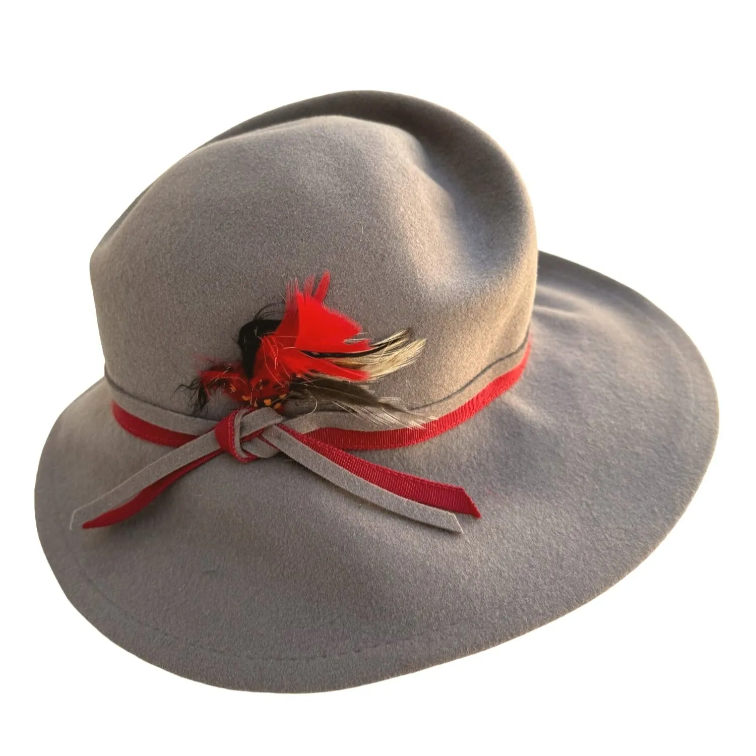 Betmar Vintage Gray Wool Red Feather Ribbon Fedora Wide Brim Ladies Hat