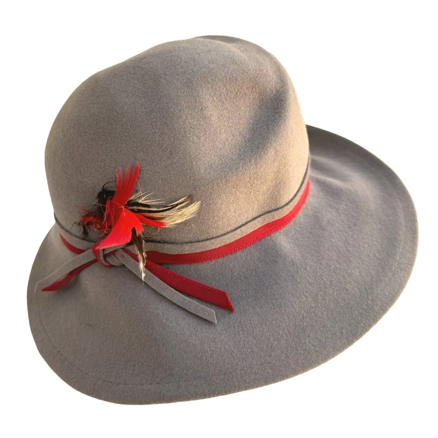 Betmar Vintage Gray Wool Red Feather Ribbon Fedora Wide Brim Ladies Hat