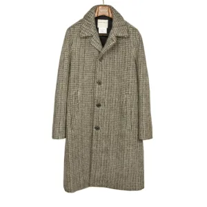 Dolman overcoat in "Foggy" grey, black and olive checked mohair mix