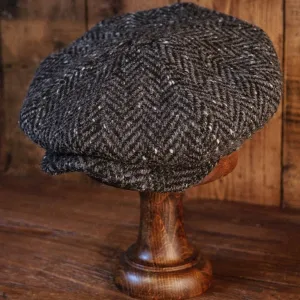 Eight Piece Donegal Tweed Black Herringbone Newsboy Cap