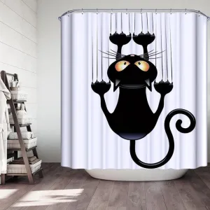 Funny Black Cat Shower Curtain Waterproof Polyester Bathroom Curtain