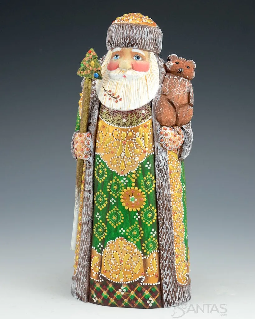 Green and Gold Russian Santa with Bear Cub