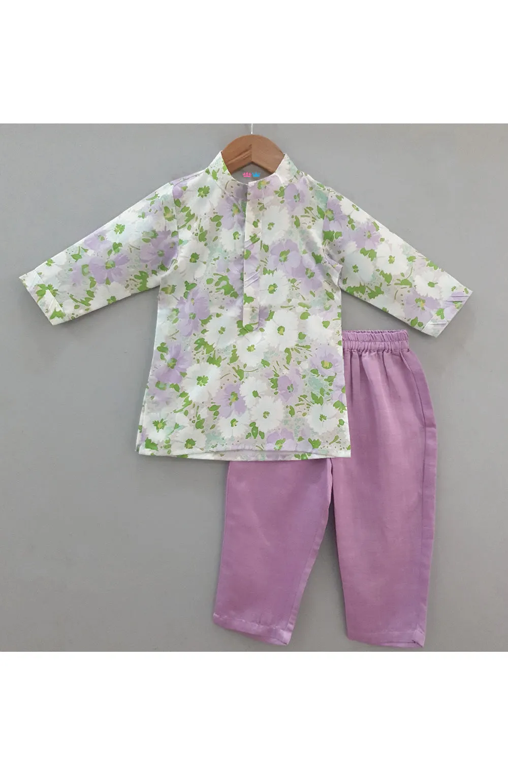 Lavender Floral Printed Cotton Kurta With Jacket Set