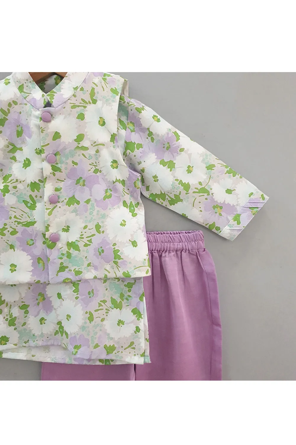 Lavender Floral Printed Cotton Kurta With Jacket Set