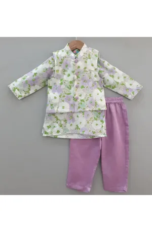 Lavender Floral Printed Cotton Kurta With Jacket Set