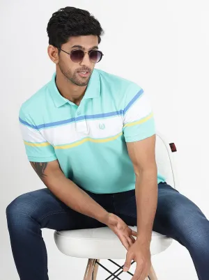 Light Blue Striped Slim Fit Polo T-Shirt | Greenfibre