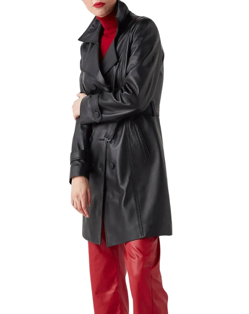 Lune Black Leather Trench Coat