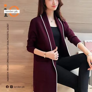 Maroon Front Open Long Coat Dual Pockets Jacket