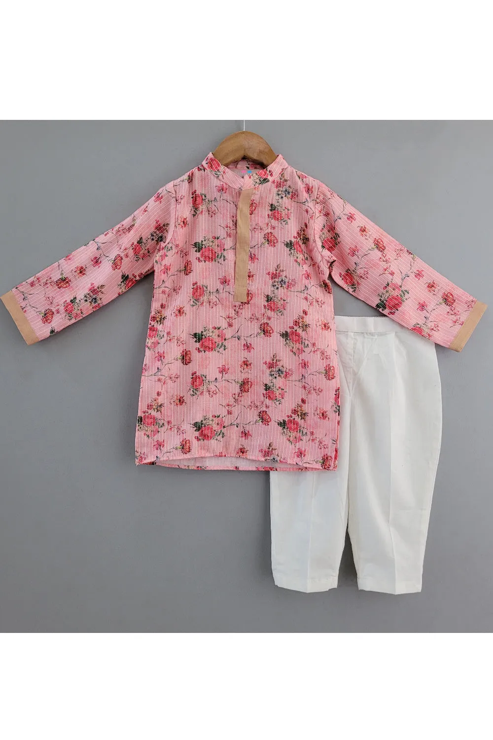 Pink Floral Printed Chanderi Kurta With Pyjama Set