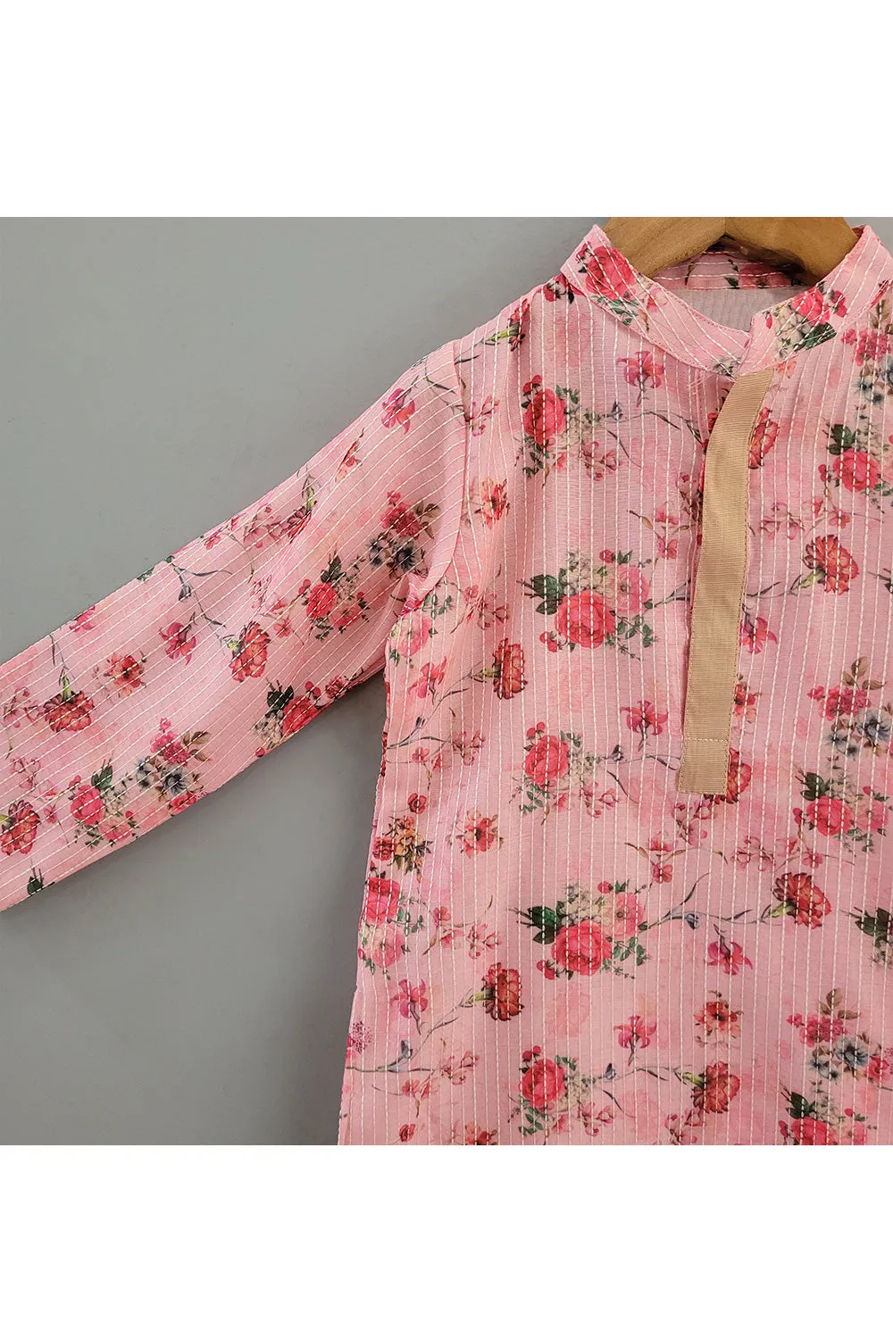 Pink Floral Printed Chanderi Kurta With Pyjama Set