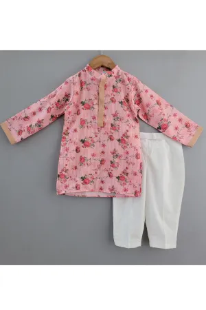 Pink Floral Printed Chanderi Kurta With Pyjama Set