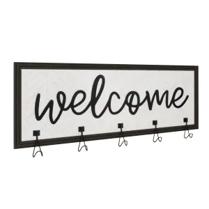 Shabby Chic "Welcome" Framed Coat Rack, 5 Hooks