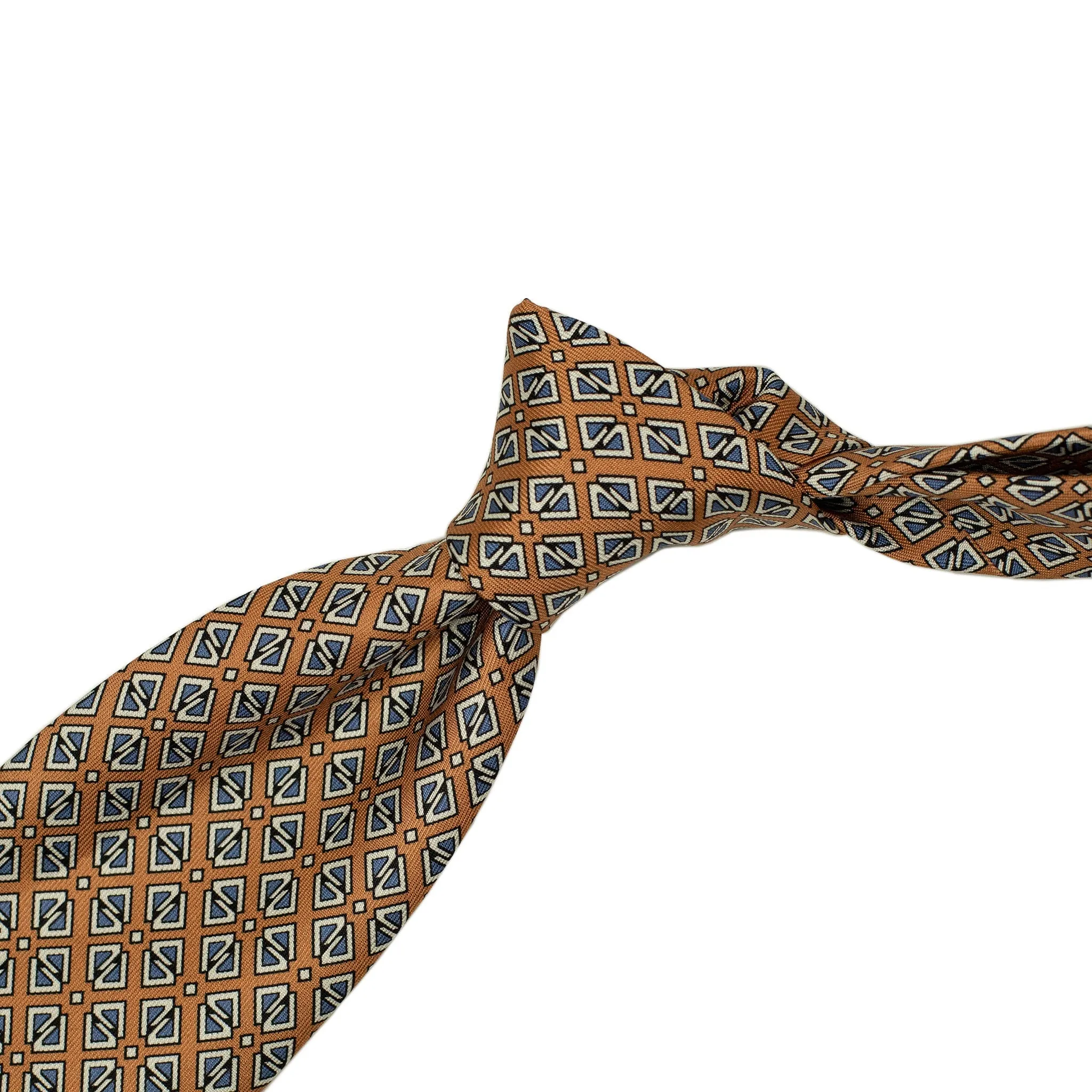 Tan silk foulard tie with blue retro diamond neat print