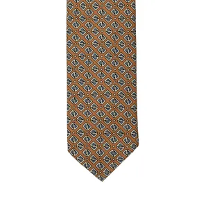 Tan silk foulard tie with blue retro diamond neat print