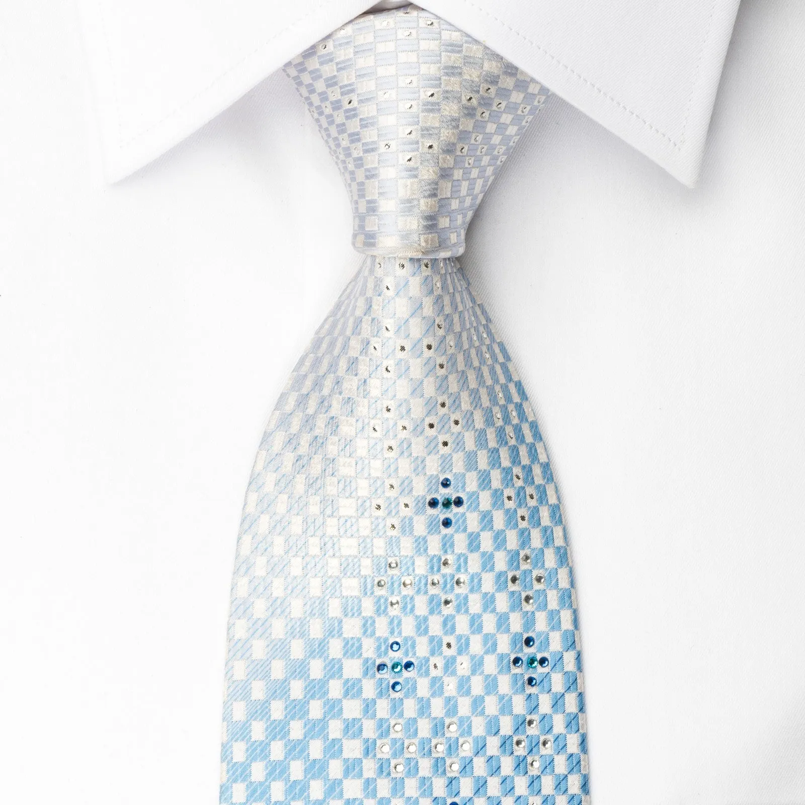 Vacci Silk Rhinestone Necktie Blue White Checker With Silver Sparkles