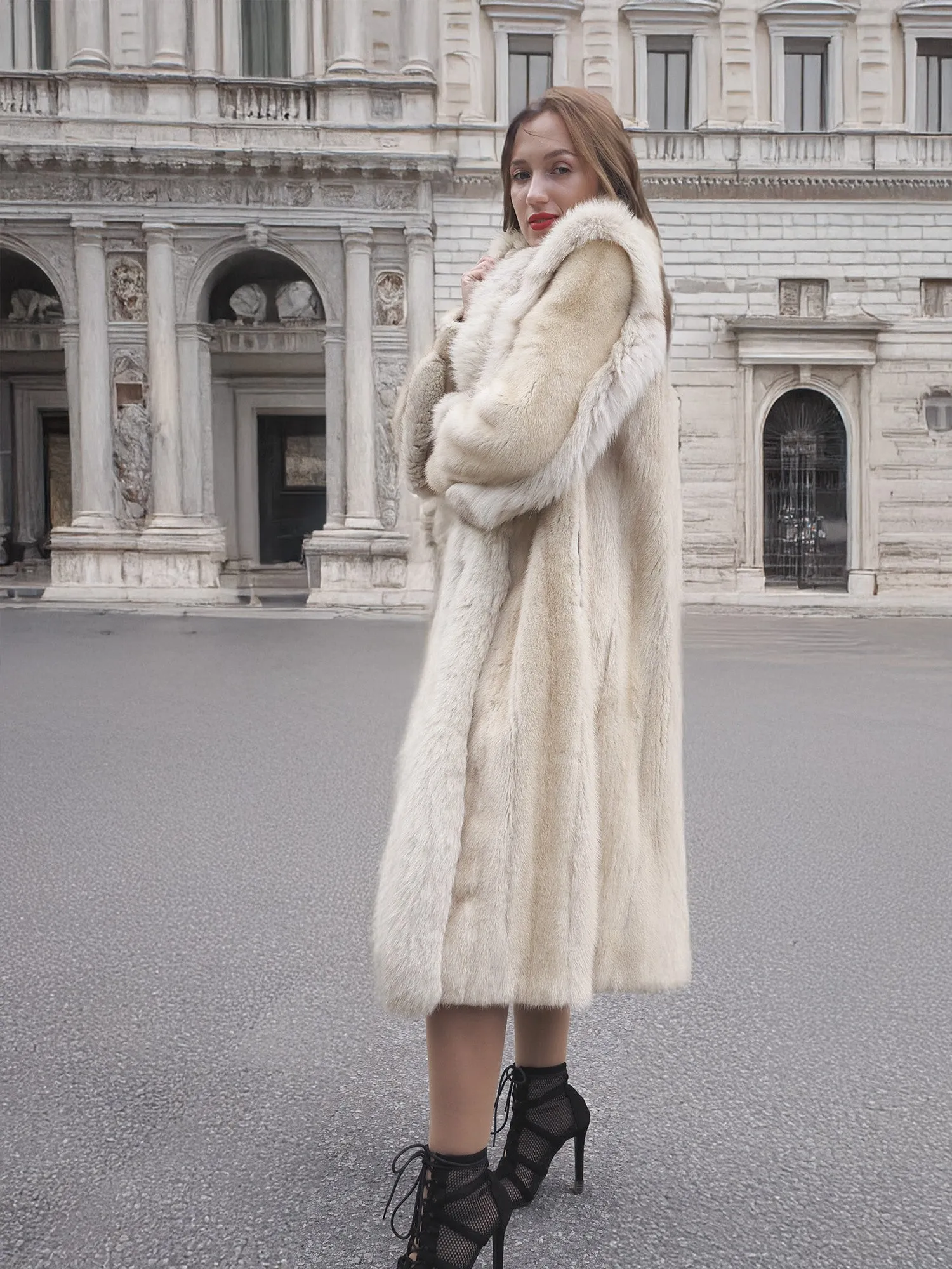 Vintage Beige Pearl Mink Fur Coat Fox Trim S/M