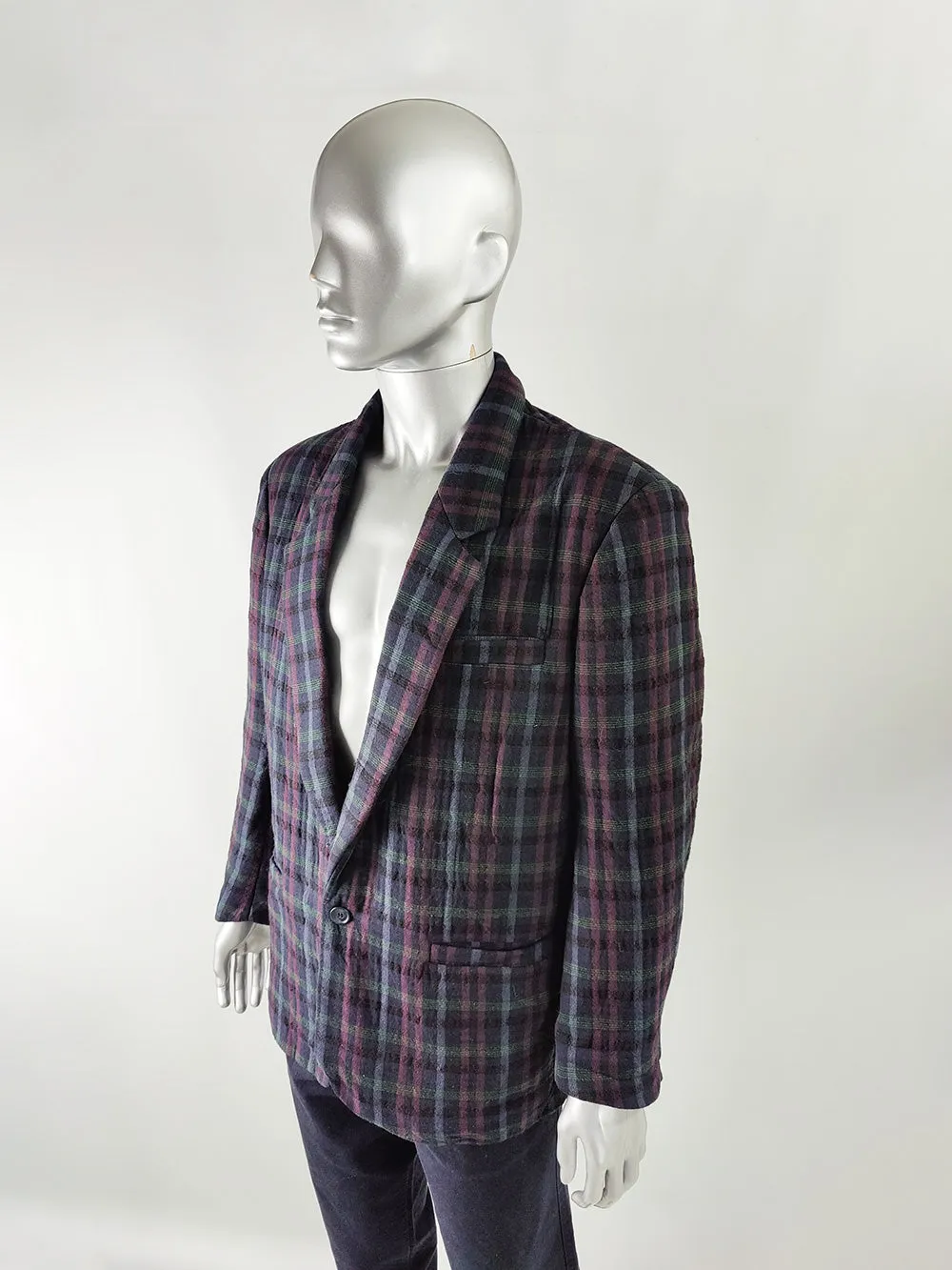 Vintage Mens Italian Checked Bold Shoulder Blazer, 1980s