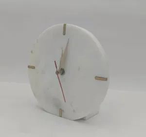 White Marble Table Clock, Round Dial, 15 cm Diameter