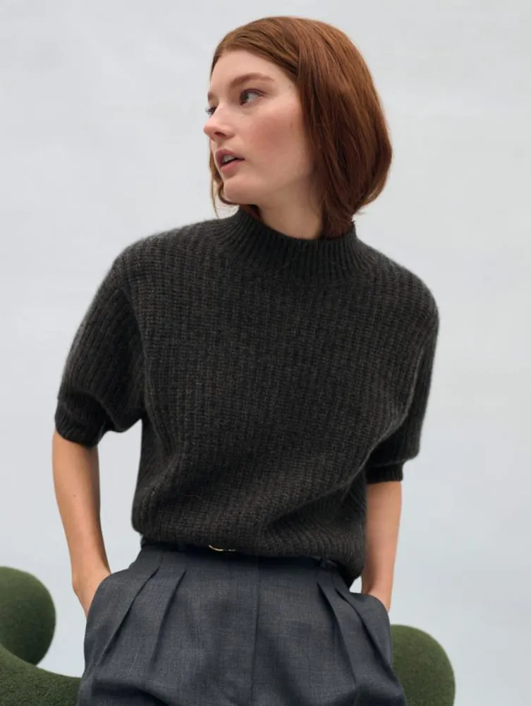 White   Warren - Cashmere Ribbed Mockneck in Charcoal Heather