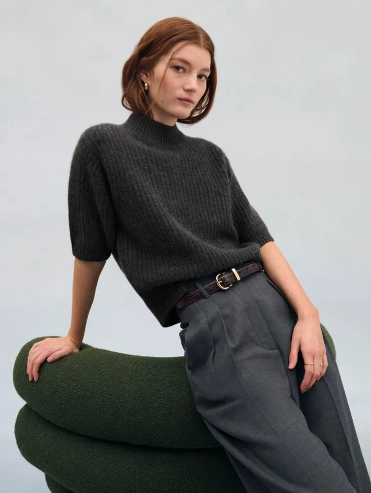 White   Warren - Cashmere Ribbed Mockneck in Charcoal Heather