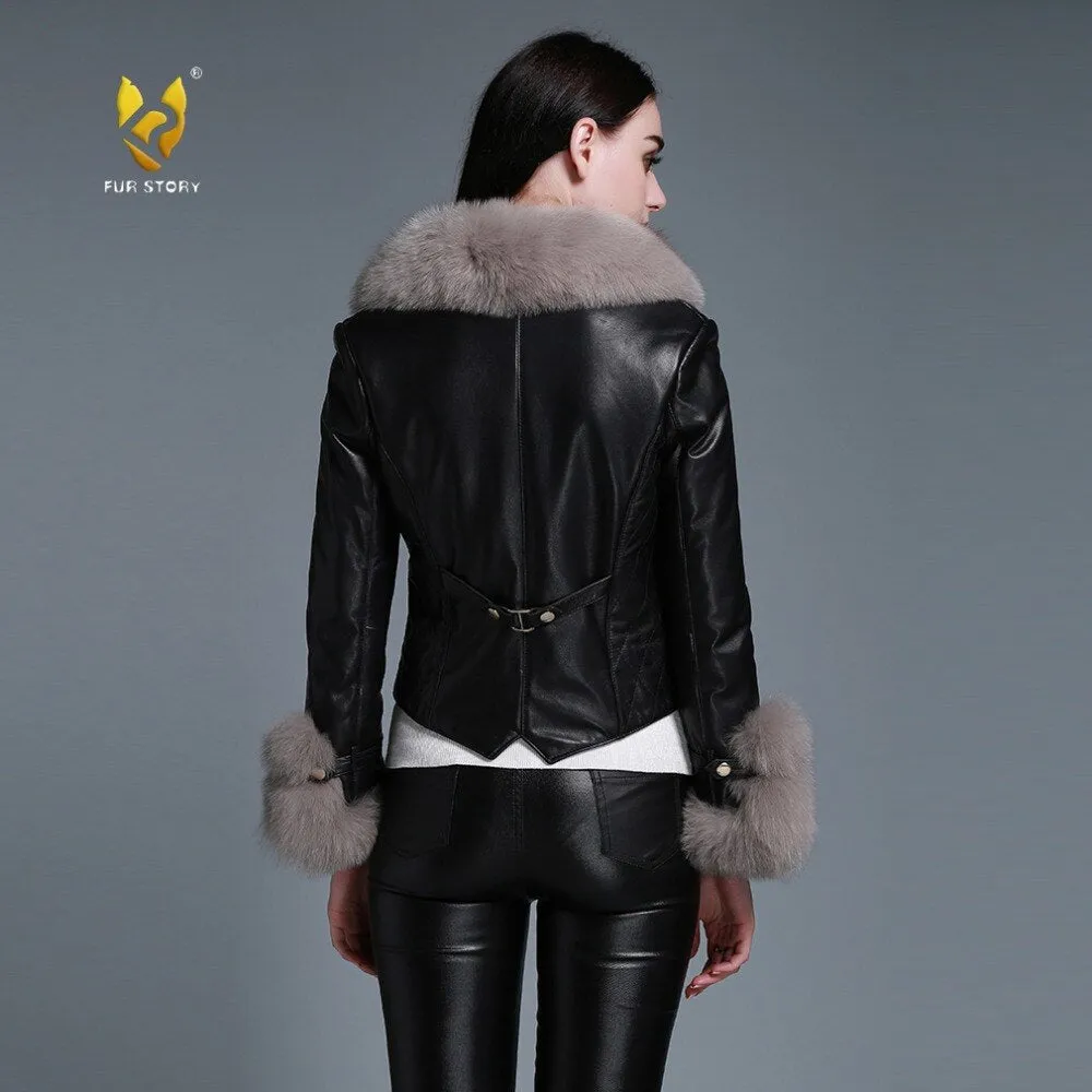 Winter Coat with Real Fur Sheep Fox Fur Collar and Trim Overcoat  010213