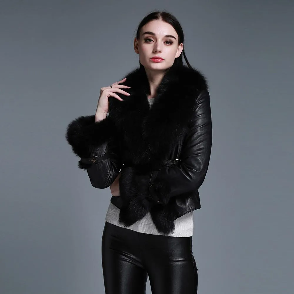 Winter Coat with Real Fur Sheep Fox Fur Collar and Trim Overcoat  010213