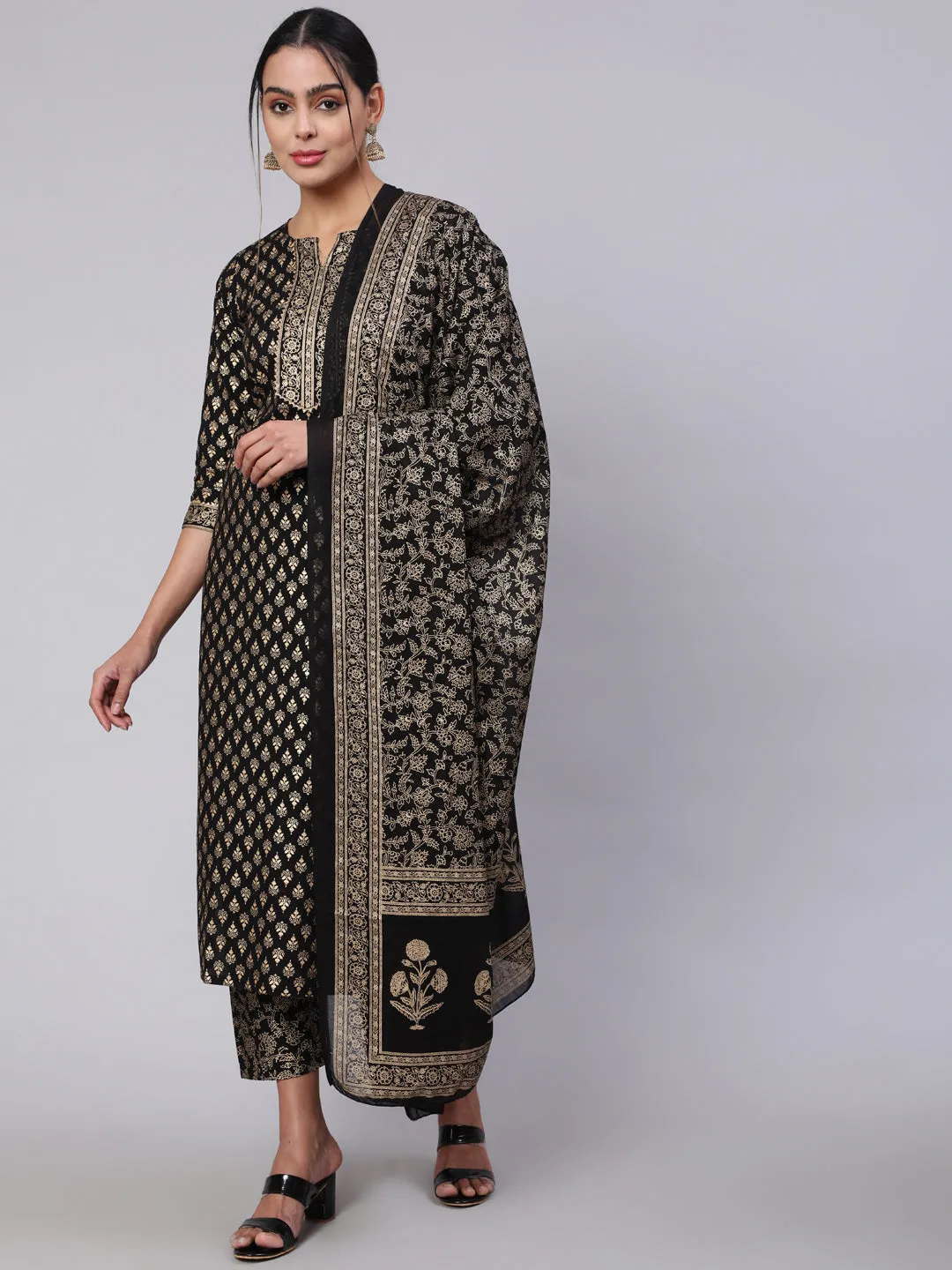 Women Black Ethnic Printed Kurta With Palazzo And Dupatta